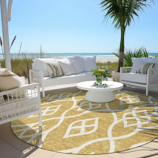 8' Gold And Ivory Round Trellis Washable Indoor Outdoor Area Rug Photo 6