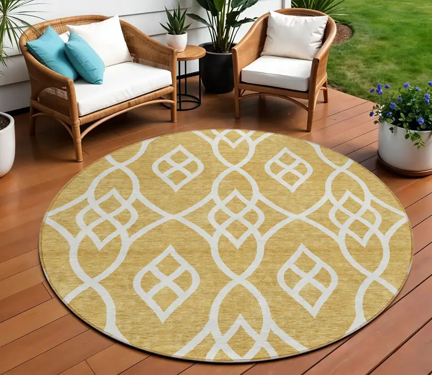 8' Gold And Ivory Round Trellis Washable Indoor Outdoor Area Rug Photo 1