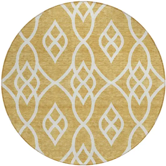 8' Gold And Ivory Round Trellis Washable Indoor Outdoor Area Rug Photo 2