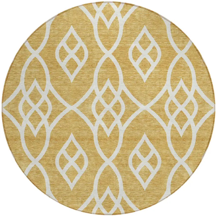 8' Gold And Ivory Round Trellis Washable Indoor Outdoor Area Rug Photo 2