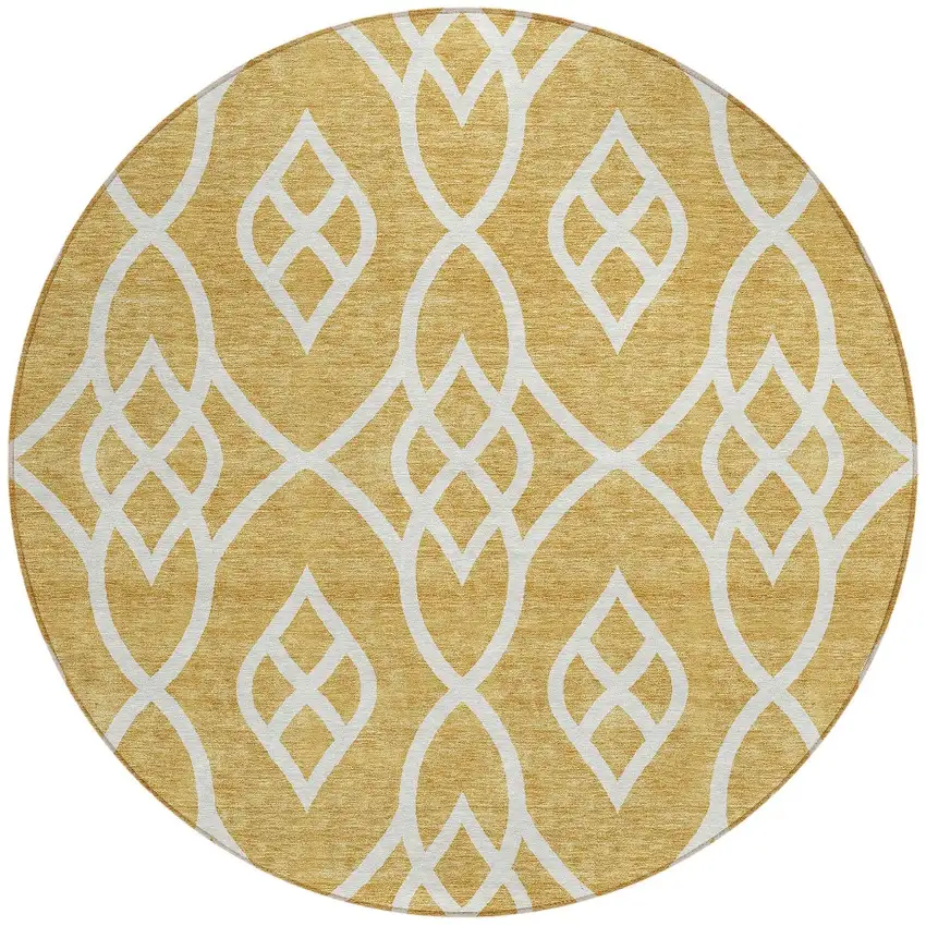 8' Gold And Ivory Round Trellis Washable Indoor Outdoor Area Rug Photo 5