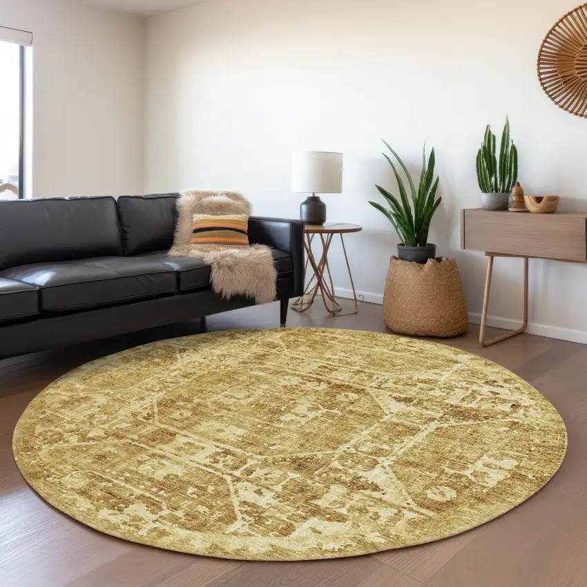 8' Gold And Ivory Round Tribal Washable Indoor Outdoor Area Rug Photo 7