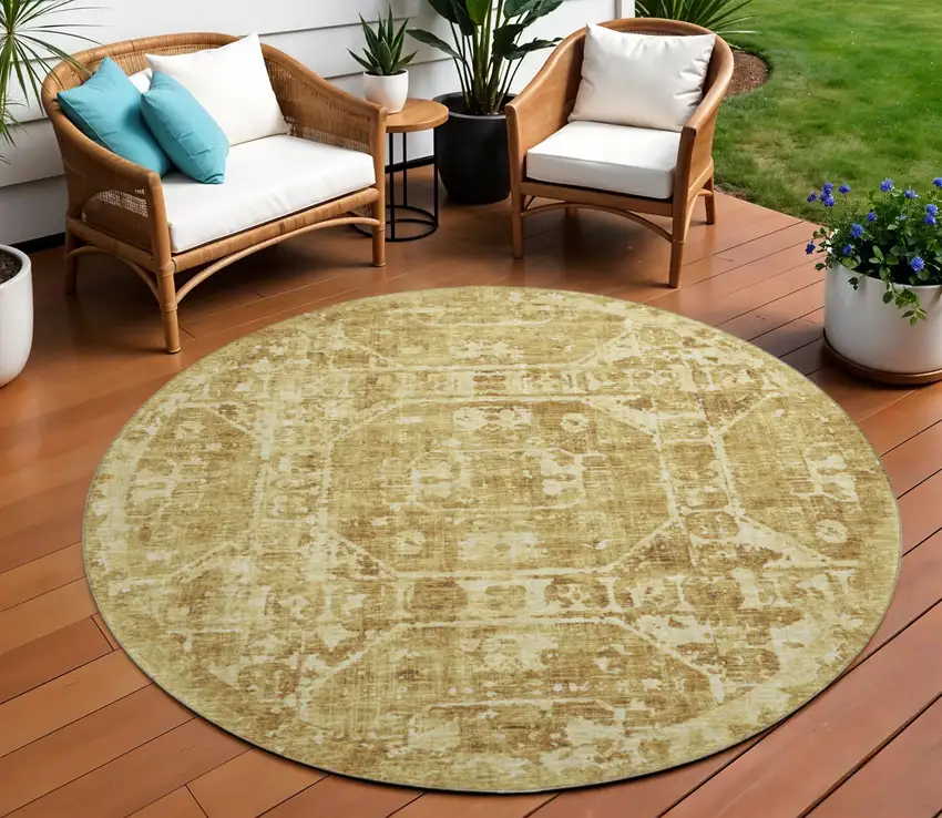8' Gold And Ivory Round Tribal Washable Indoor Outdoor Area Rug Photo 1
