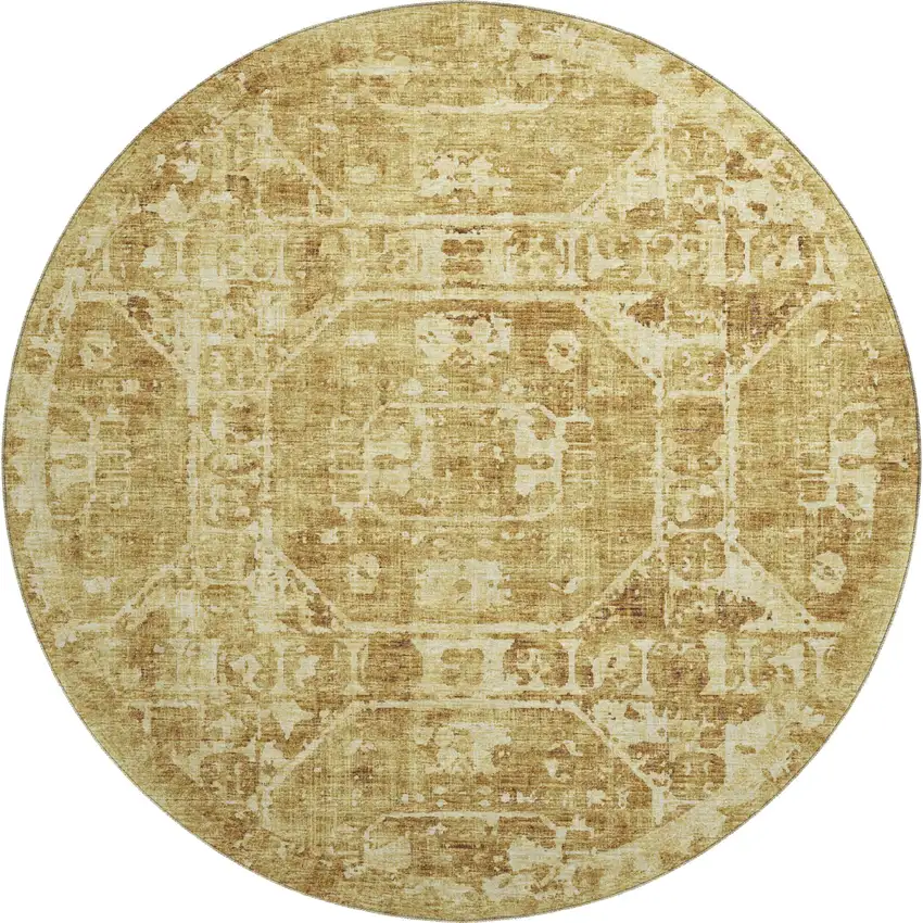8' Gold And Ivory Round Tribal Washable Indoor Outdoor Area Rug Photo 2