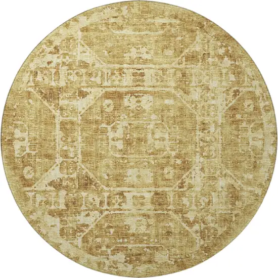 8' Gold And Ivory Round Tribal Washable Indoor Outdoor Area Rug Photo 4