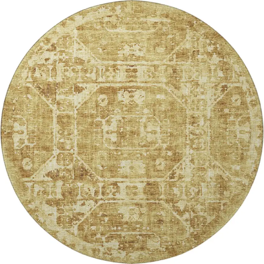 8' Gold And Ivory Round Tribal Washable Indoor Outdoor Area Rug Photo 4