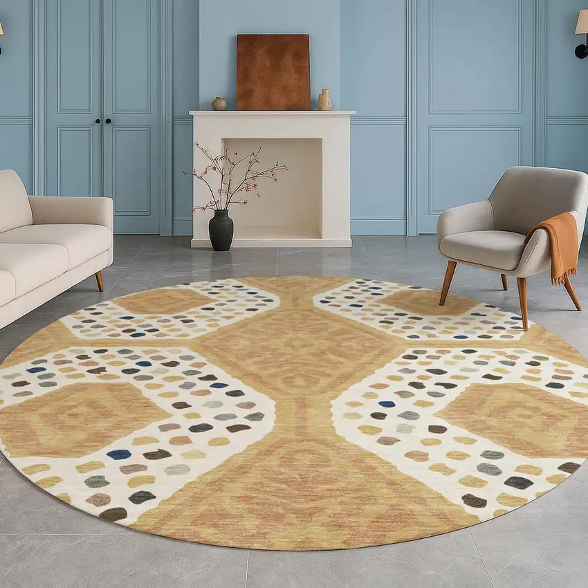 8' Gold And Ivory Round Tribal Washable Indoor Outdoor Area Rug Photo 5