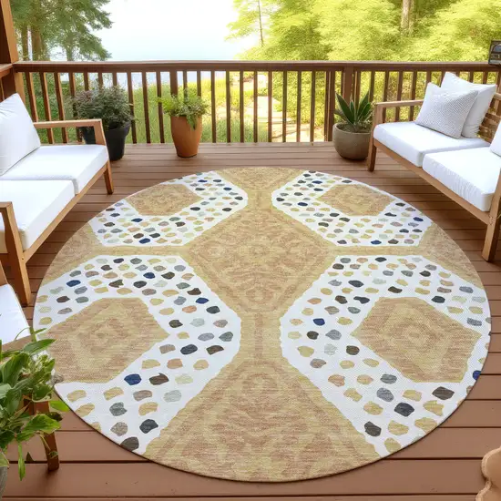 8' Gold And Ivory Round Tribal Washable Indoor Outdoor Area Rug Photo 4