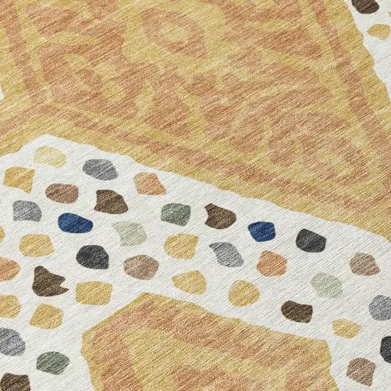 8' Gold And Ivory Round Tribal Washable Indoor Outdoor Area Rug Photo 2