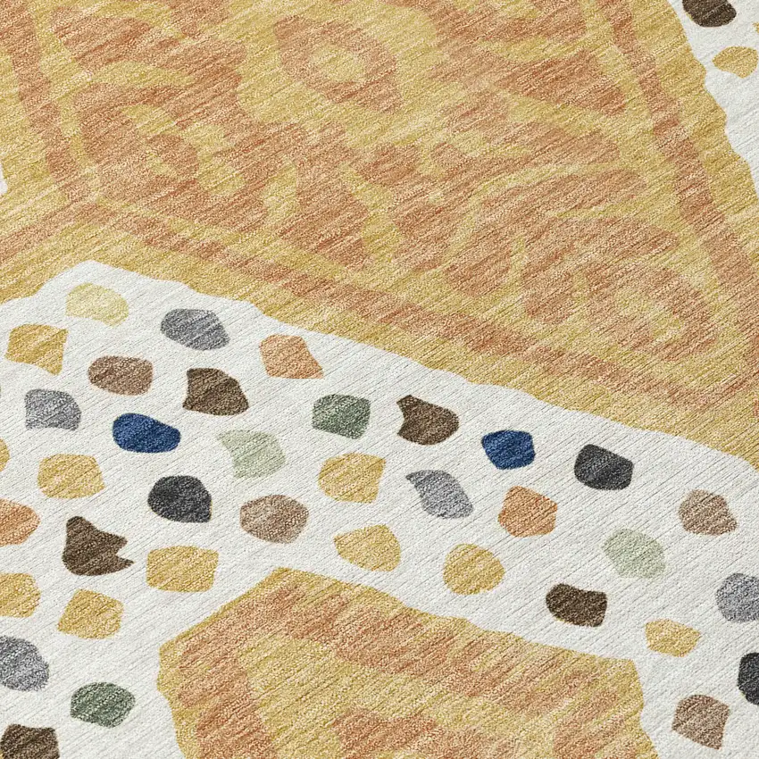8' Gold And Ivory Round Tribal Washable Indoor Outdoor Area Rug Photo 2