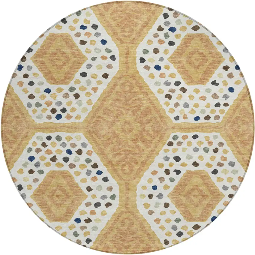 8' Gold And Ivory Round Tribal Washable Indoor Outdoor Area Rug Photo 6