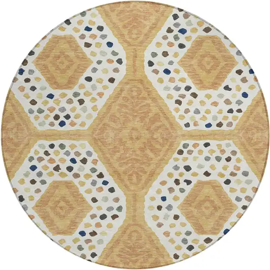 8' Gold And Ivory Round Tribal Washable Indoor Outdoor Area Rug Photo 6