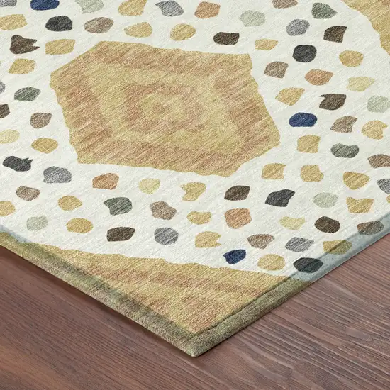 8' Gold And Ivory Round Tribal Washable Indoor Outdoor Area Rug Photo 7