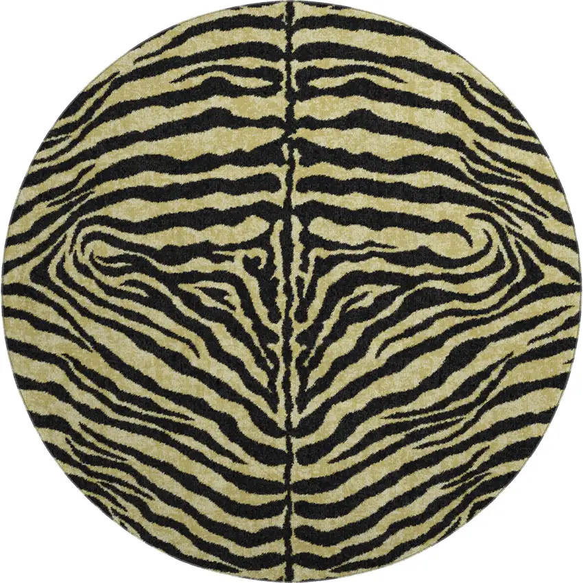 8' Gold And Ivory Round Zebra Print Washable Indoor Outdoor Area Rug Photo 2