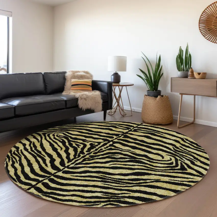 8' Gold And Ivory Round Zebra Print Washable Indoor Outdoor Area Rug Photo 7