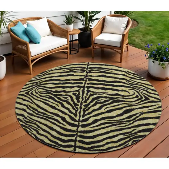 8' Gold And Ivory Round Zebra Print Washable Indoor Outdoor Area Rug Photo 1