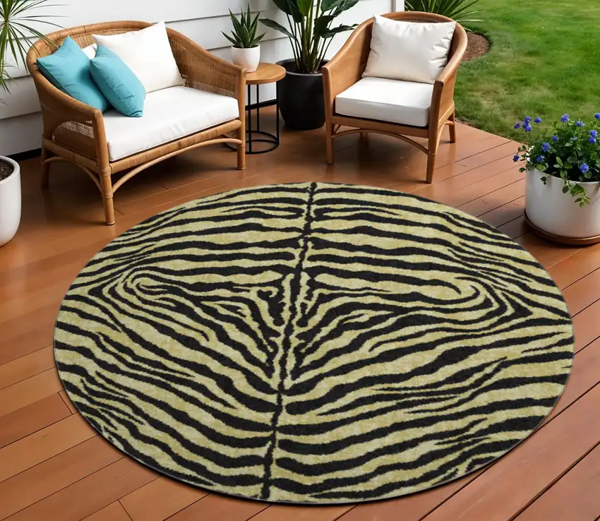 8' Gold And Ivory Round Zebra Print Washable Indoor Outdoor Area Rug Photo 1