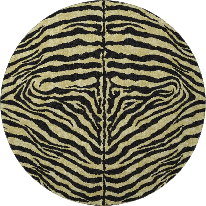 8' Gold And Ivory Round Zebra Print Washable Indoor Outdoor Area Rug Photo 4