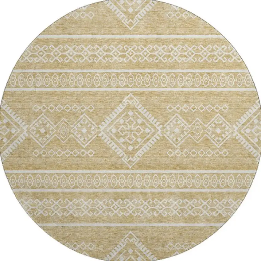 8' Gold And Ivory Southwestern Washable Round Rug With UV Protection Photo 4