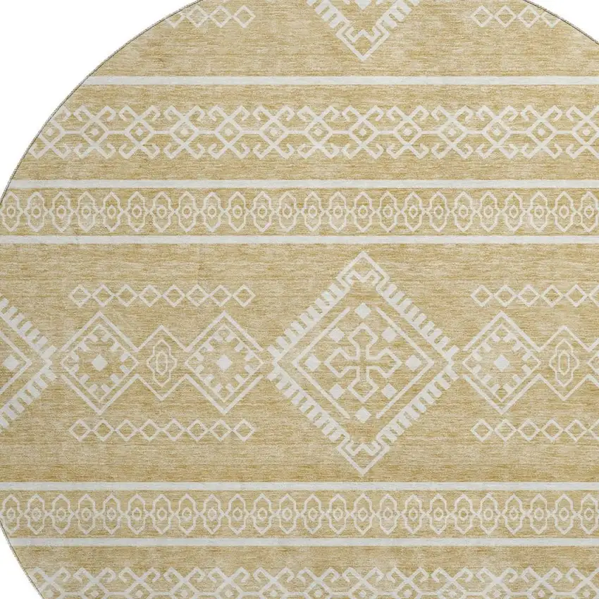 8' Gold And Ivory Southwestern Washable Round Rug With UV Protection Photo 3