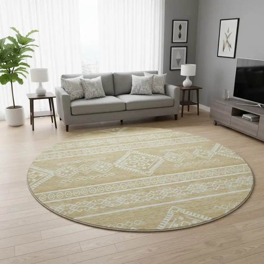 8' Gold And Ivory Southwestern Washable Round Rug With UV Protection Photo 2