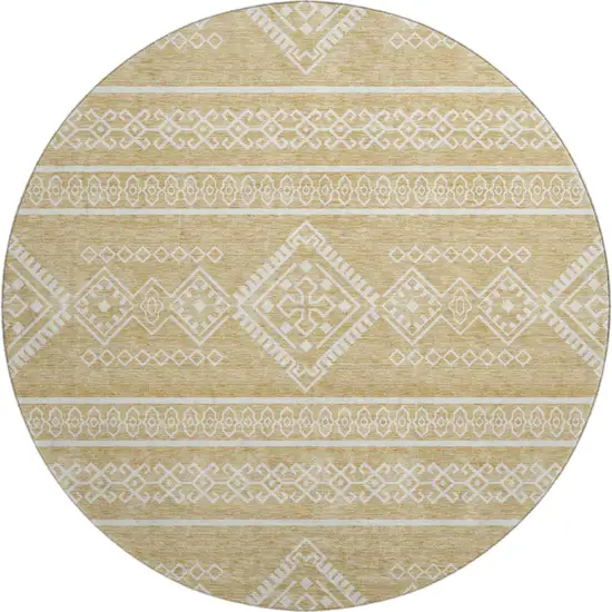 8' Gold And Ivory Southwestern Washable Round Rug With UV Protection Photo 1