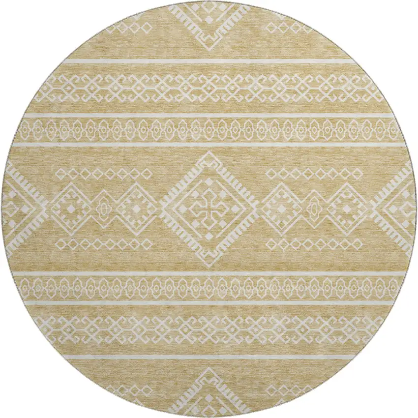 8' Gold And Ivory Southwestern Washable Round Rug With UV Protection Photo 1