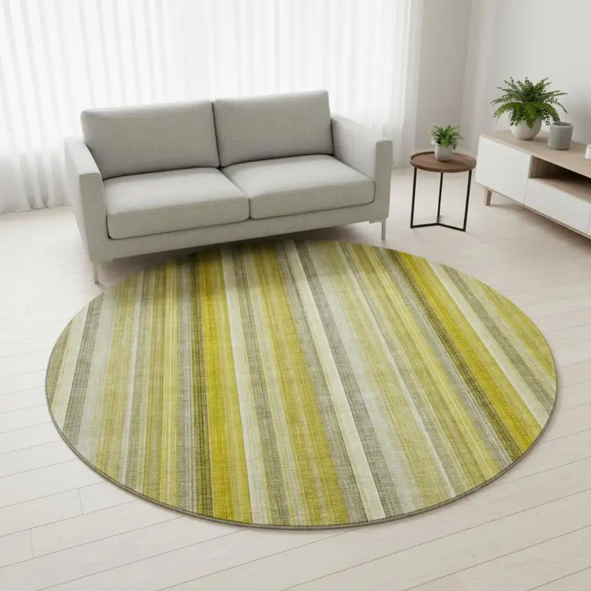 8' Gold And Ivory Striped Washable Round Rug With UV Protection Photo 2