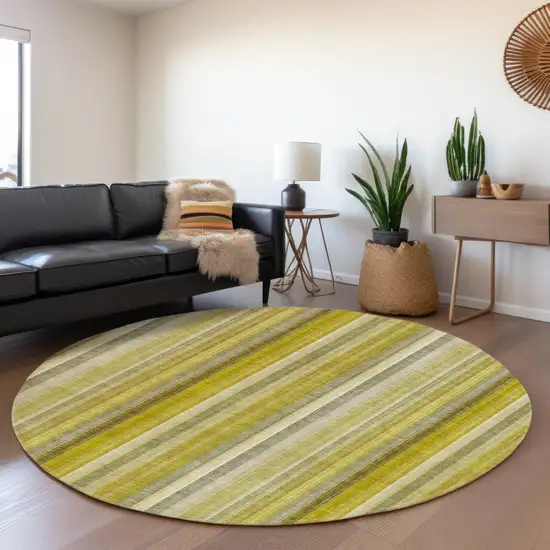 8' Gold And Ivory Striped Washable Round Rug With UV Protection Photo 5