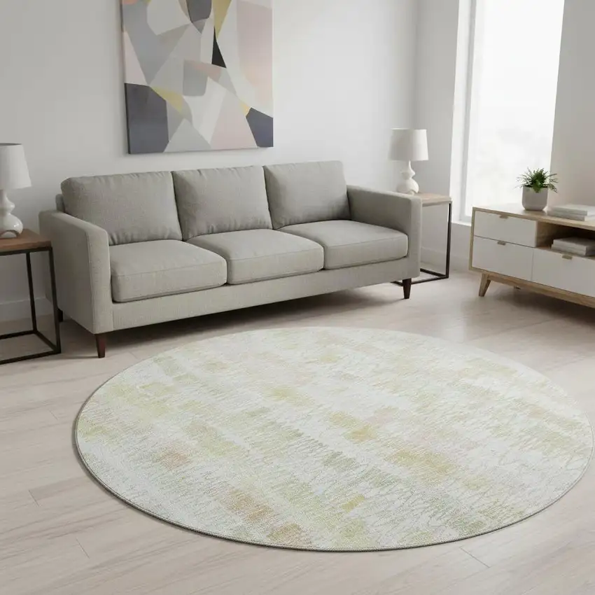 8' Gold And Ivory Striped Washable Round Rug With UV Protection Photo 2