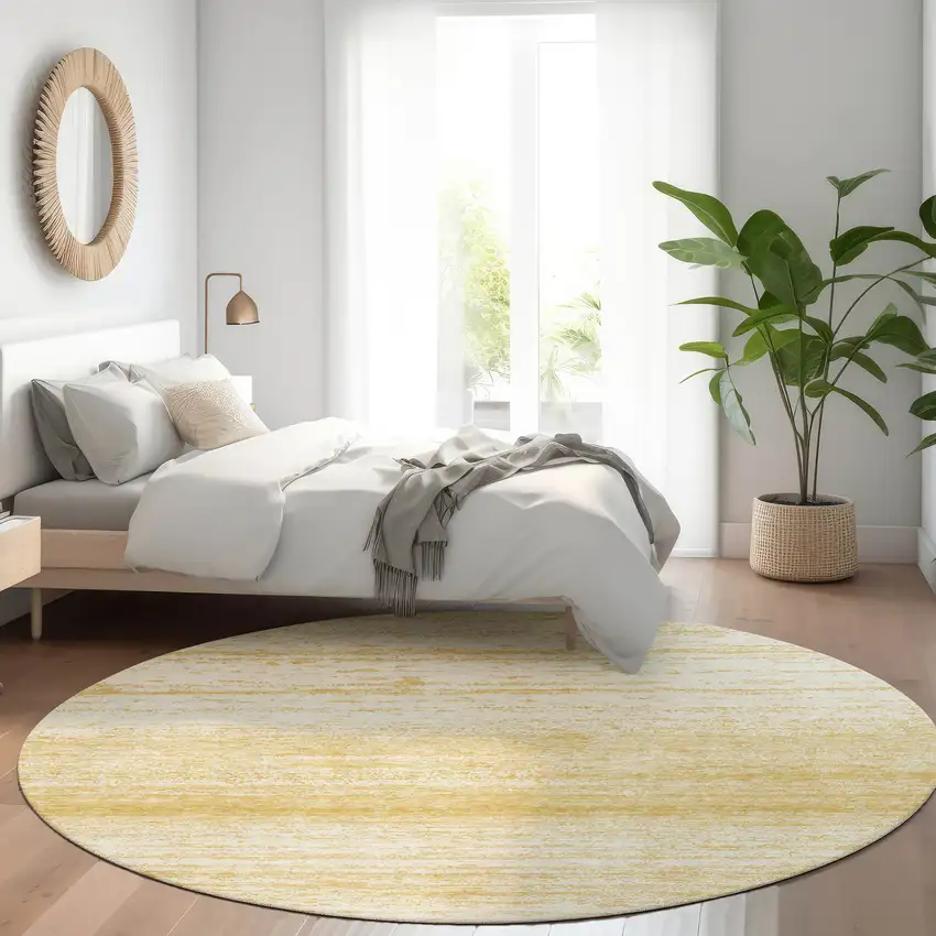 8' Gold And Ivory Striped Washable Round Rug With UV Protection Photo 5