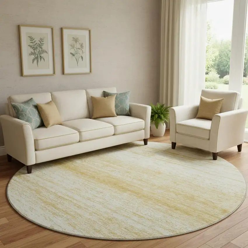 8' Gold And Ivory Striped Washable Round Rug With UV Protection Photo 1