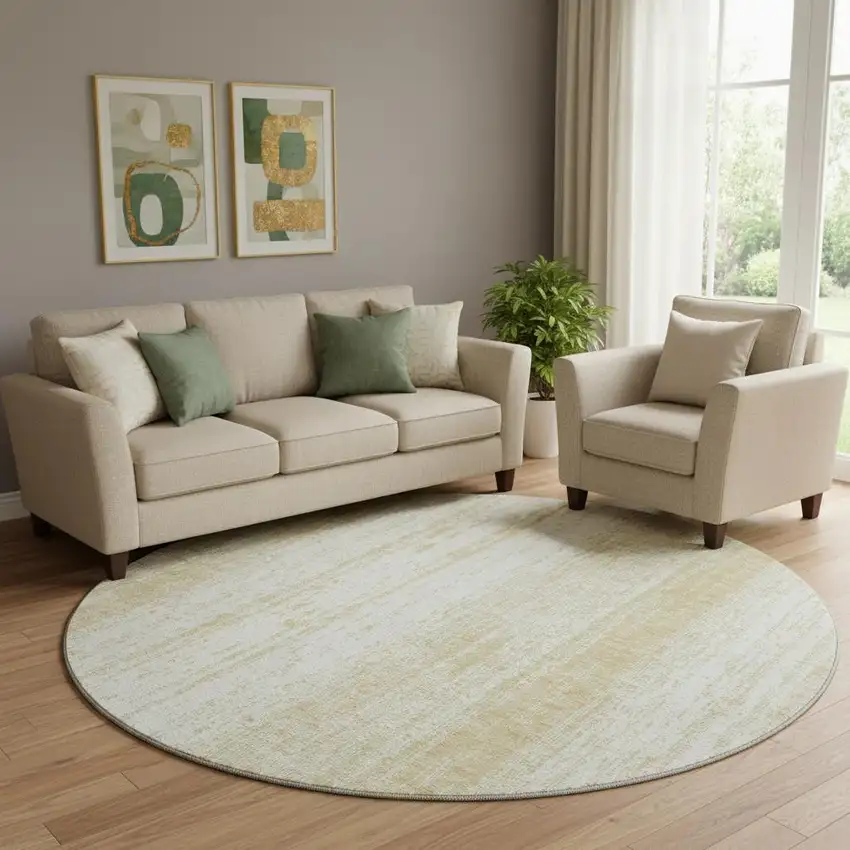 8' Gold And Ivory Striped Washable Round Rug With UV Protection Photo 1