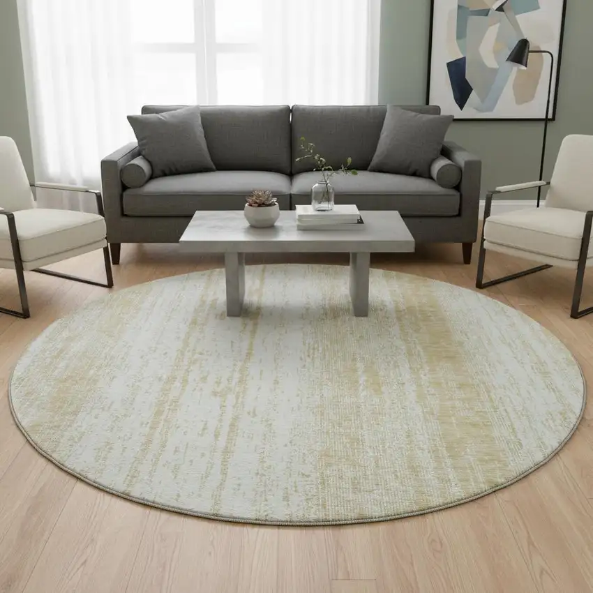 8' Gold And Ivory Striped Washable Round Rug With UV Protection Photo 2