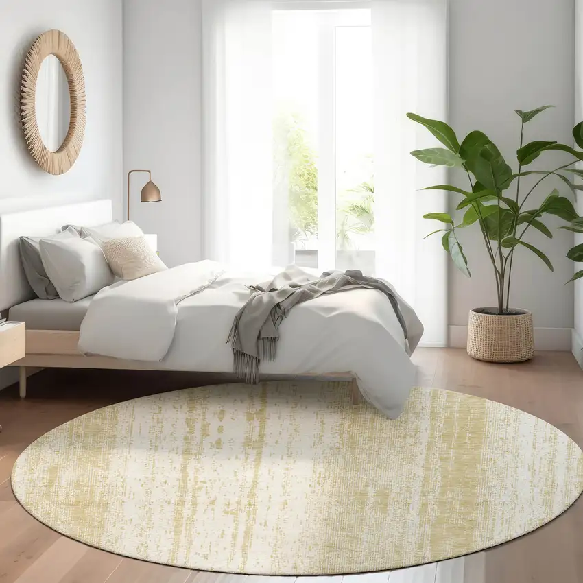8' Gold And Ivory Striped Washable Round Rug With UV Protection Photo 5