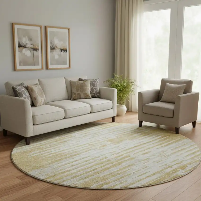8' Gold And Ivory Striped Washable Round Rug With UV Protection Photo 1
