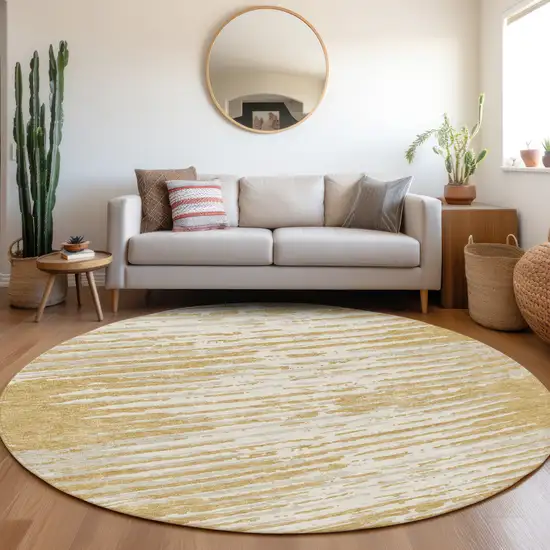 8' Gold And Ivory Striped Washable Round Rug With UV Protection Photo 5