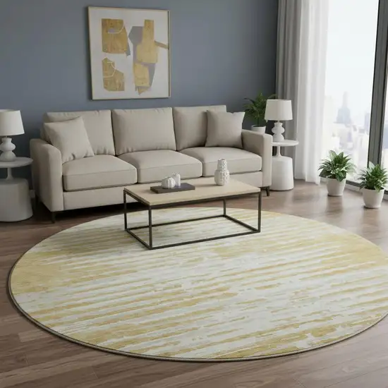 8' Gold And Ivory Striped Washable Round Rug With UV Protection Photo 2