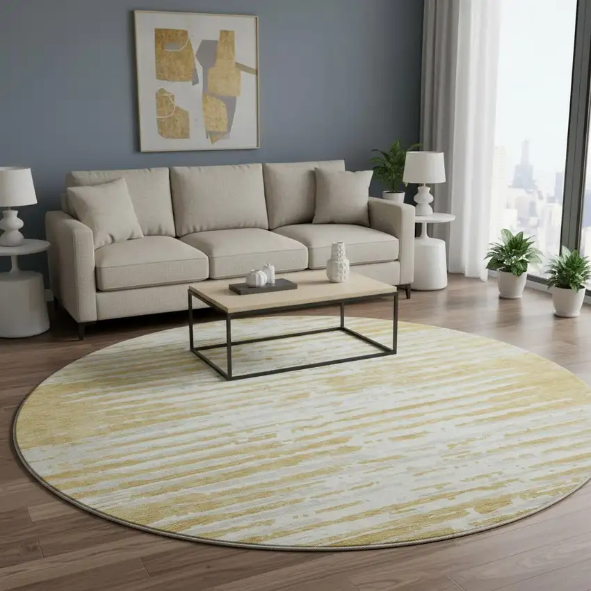 8' Gold And Ivory Striped Washable Round Rug With UV Protection Photo 2