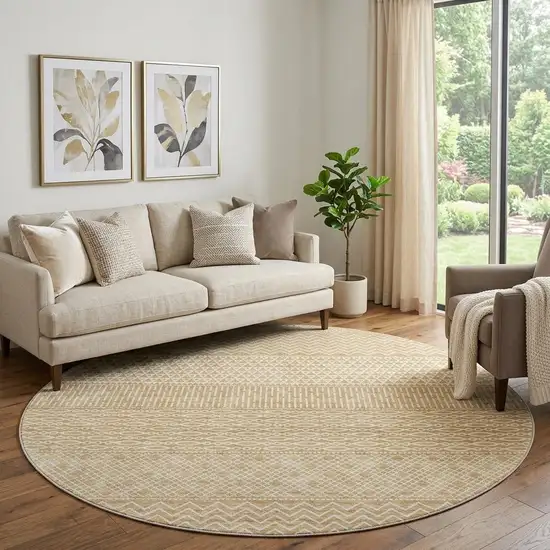 8' Gold And Ivory Striped Washable Round Rug With UV Protection Photo 1