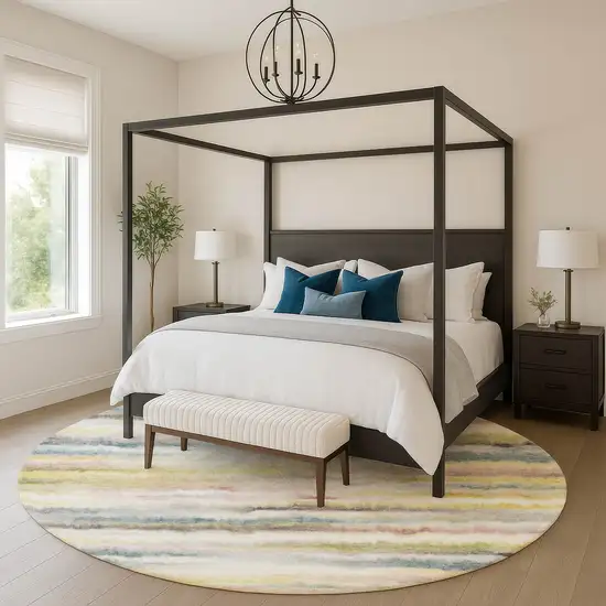 8' Gold And Ivory Striped Washable Round Rug With UV Protection Photo 5