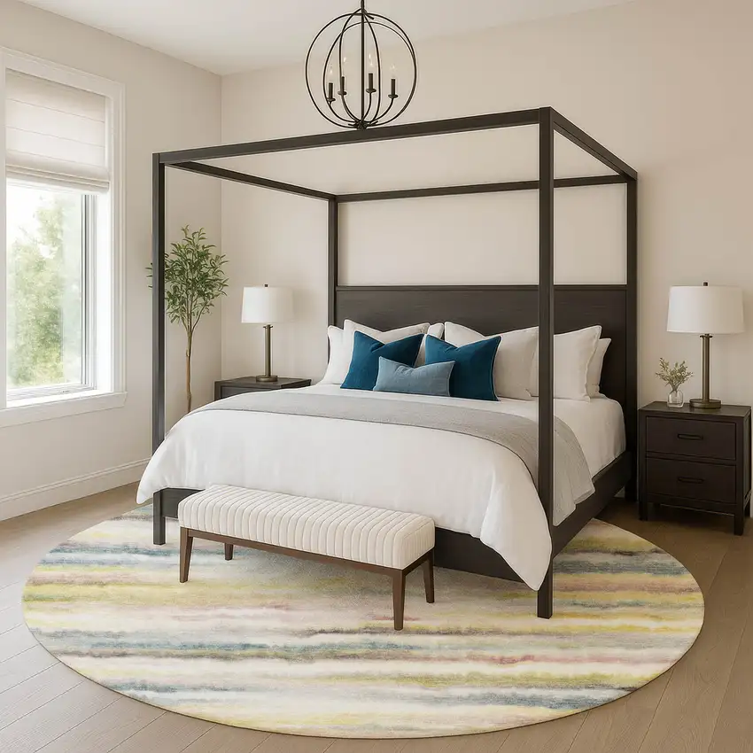 8' Gold And Ivory Striped Washable Round Rug With UV Protection Photo 5