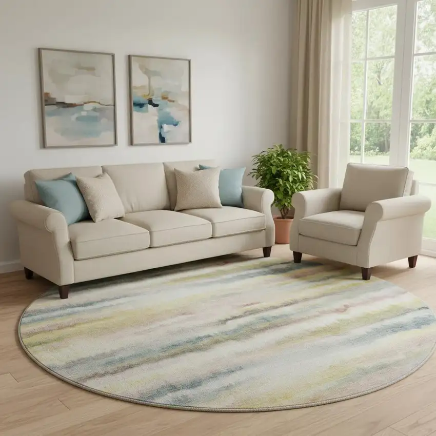 8' Gold And Ivory Striped Washable Round Rug With UV Protection Photo 2