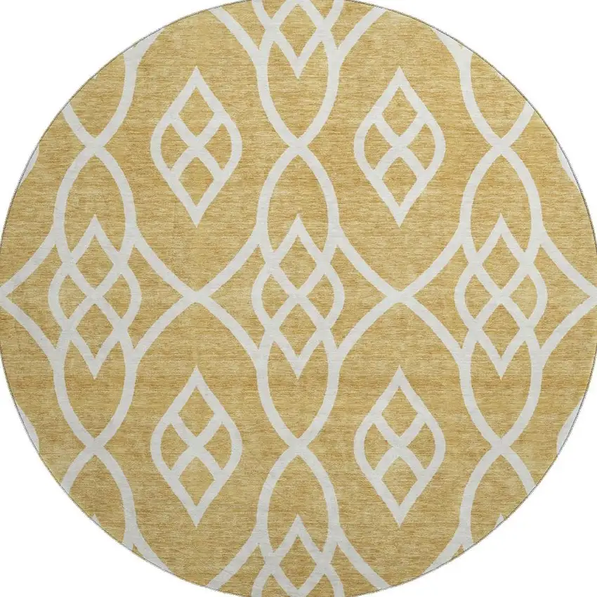 8' Gold And Ivory Trellis Washable Round Rug With UV Protection Photo 4