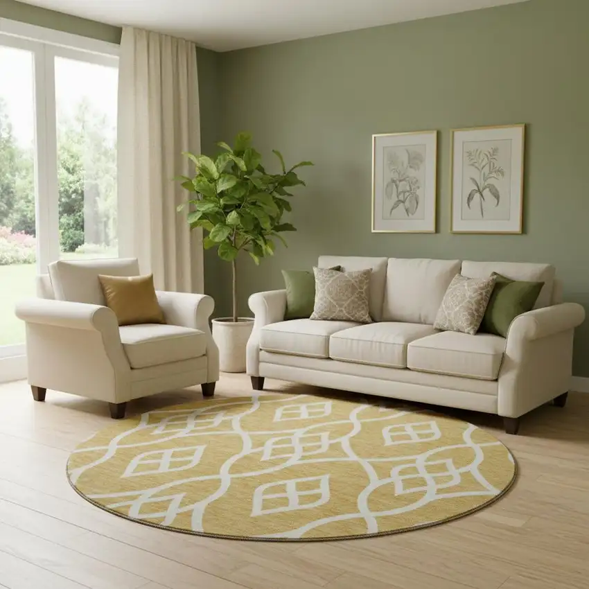 8' Gold And Ivory Trellis Washable Round Rug With UV Protection Photo 1