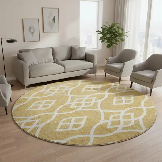 8' Gold And Ivory Trellis Washable Round Rug With UV Protection Photo 2