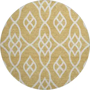 Photo of 8' Gold And Ivory Trellis Washable Round Rug With UV Protection