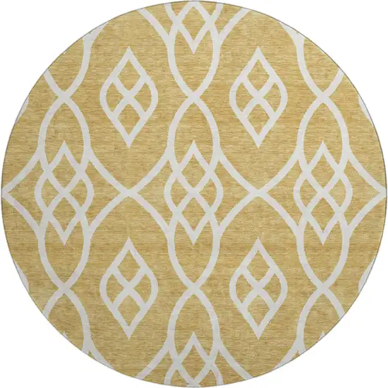 8' Gold And Ivory Trellis Washable Round Rug With UV Protection Photo 1