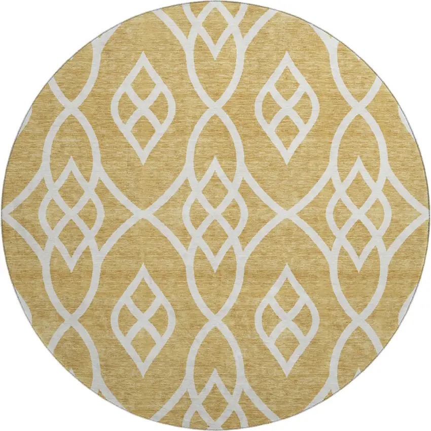 8' Gold And Ivory Trellis Washable Round Rug With UV Protection Photo 1