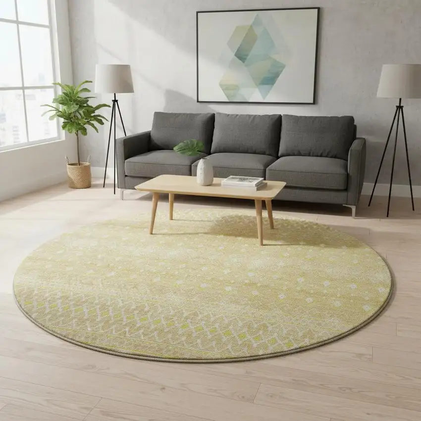 8' Gold And Ivory Tribal Washable Round Rug With UV Protection Photo 2